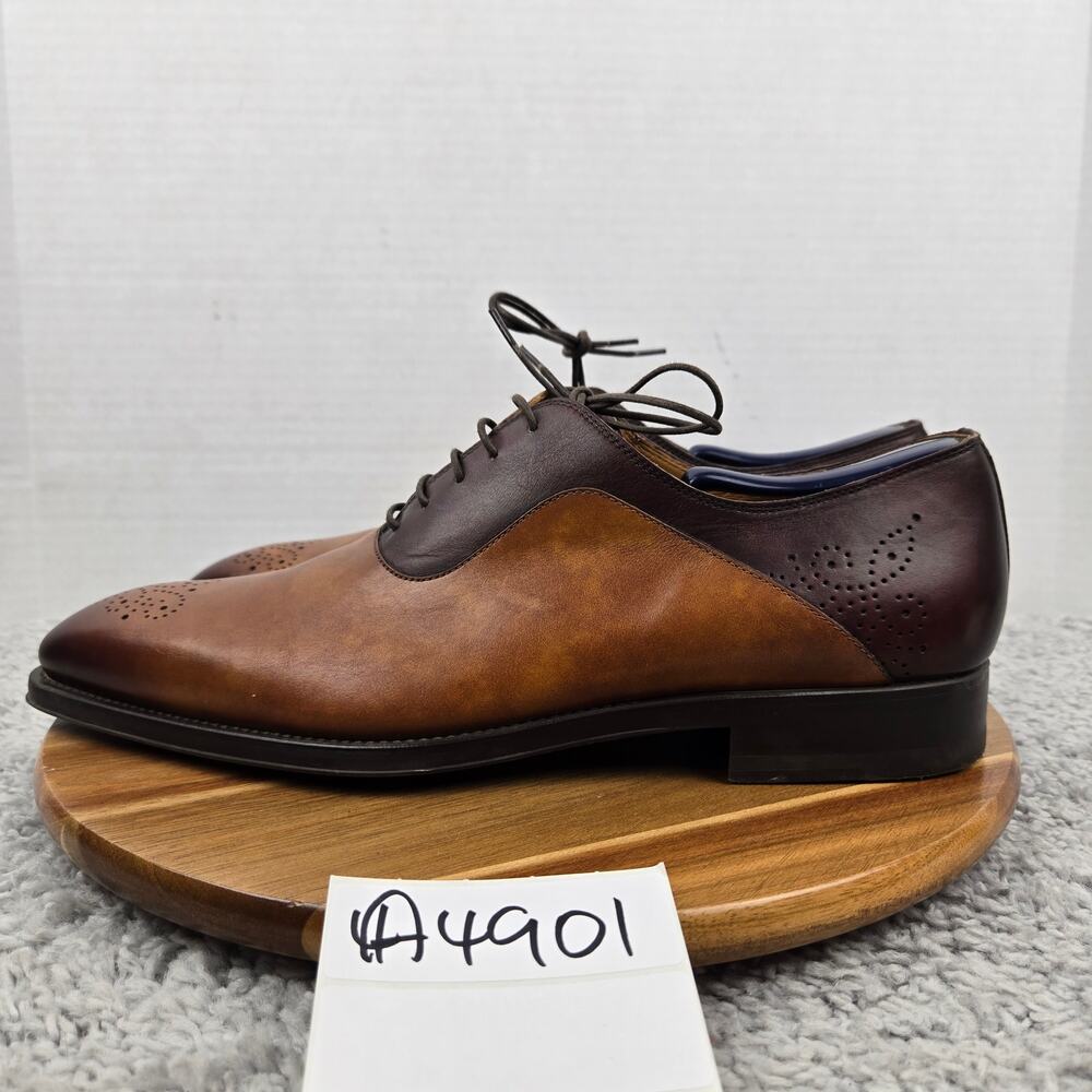 Magnanni Mens 12 Brown Two Tone Burnished Leather Medallion Oxford Dress Shoe